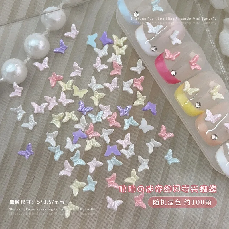 Paso Sico 100pcs/bag Embroidery Shiny Mini Butterfly Resin 3D Nail Art Decoration for Manicure Accessories