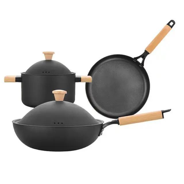 custom logo 5pc stainless iron cookware set with cover pot wok pan set