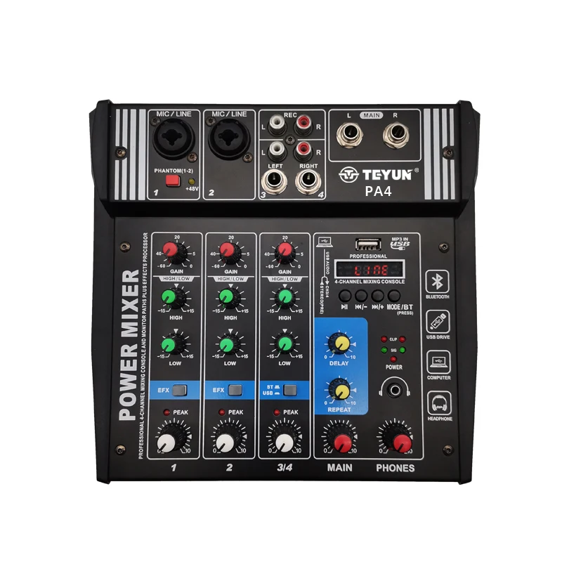 TEYUN  4-CHANNEL  small Digital Mixer PA4  with Power Amplifier  low-power  Microphone dj controller/audio console mixer