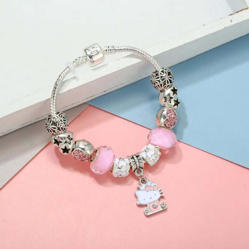 Wholesale 925 Silver Plated Snake Chain Fashion accessories Crystal Rhinestone Beads Charms Hello kitty Bracelets For Women