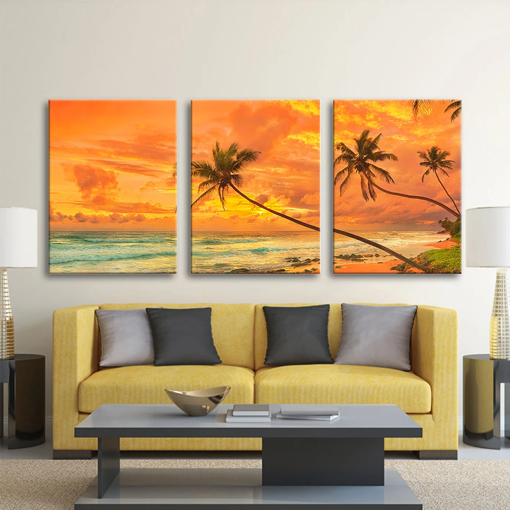 Modern Home Decor 3-Piece Set Watercolor Orange Seascape Sunset Coconut Tree Beach Canvas Wall Art Landscape Oil Painting Poster