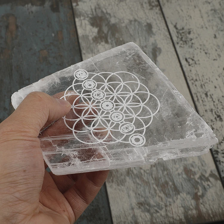 Прозрачная Выгравированная узор лечебная селенит чакра молдинг Водонепроницаемая гипсовая плита