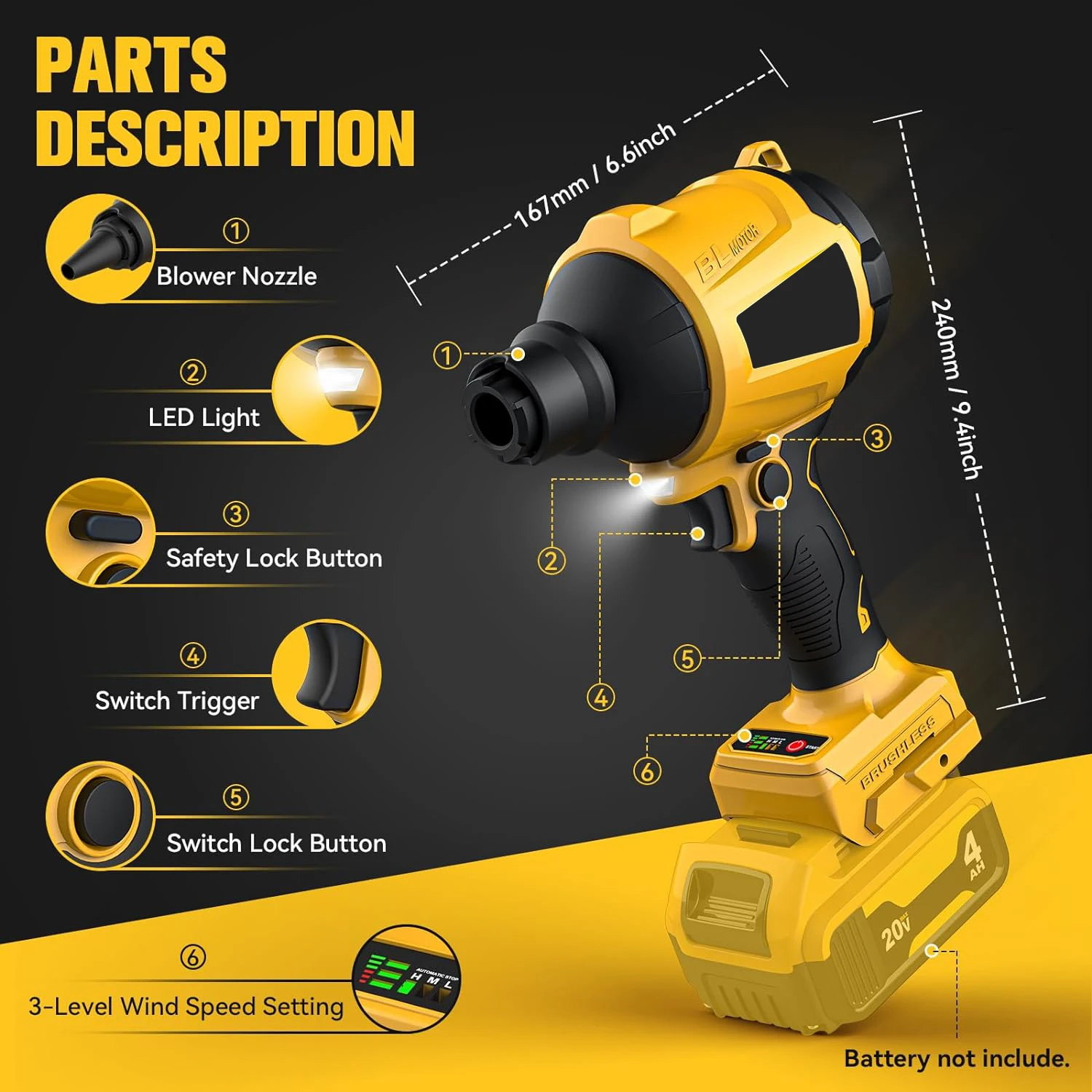 Cordless Dust Blower for Dewalt 20V Battery, Leaf Blower Brushless Handheld Blower Sawdust Blower 447 MPH/39 CFM
