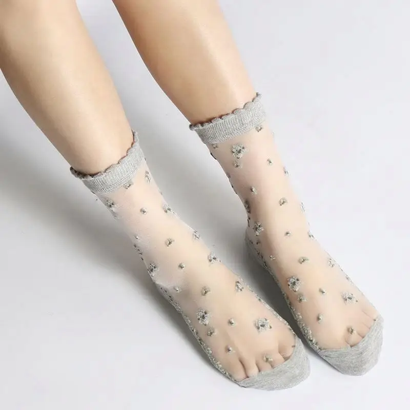 BD-S242 Summer Beautiful Thin Breathable Crystal Silk Flower Fashion Transparent Sock For Women