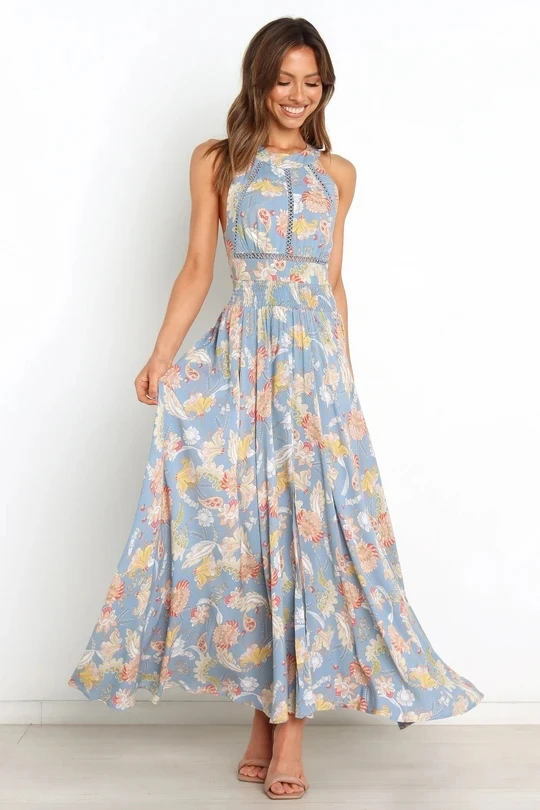 Wholesale Cheap Factory Summer Boho Sexy Floral Dress Women Casual Beach Maxi Chiffon Sleeveless Strap Dresses