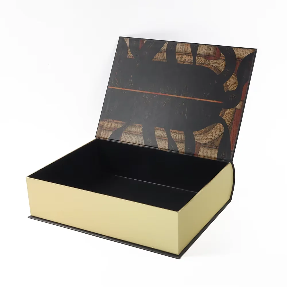 Custom logo decoration bronzed cardboard fake hidden book shape cosmetic gift box packaging