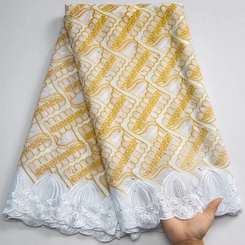 3614 Wholesale Various Designs White and Gold African Cotton Lace with Rhinestones Swiss Voile Lace Fabric For Women Dresses