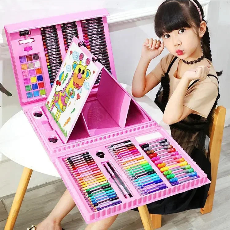 208PCS Education Graffiti DIY Stationery Set Water Color Painting Brush Kit Colour Pencil Crayon Art Drawing Toy with Board