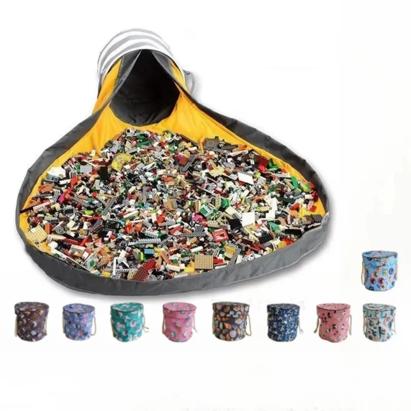 Toy Storage Basket and Play Mat for Building Bricks Collapsible Canvas Organizer Bag with Drawstring