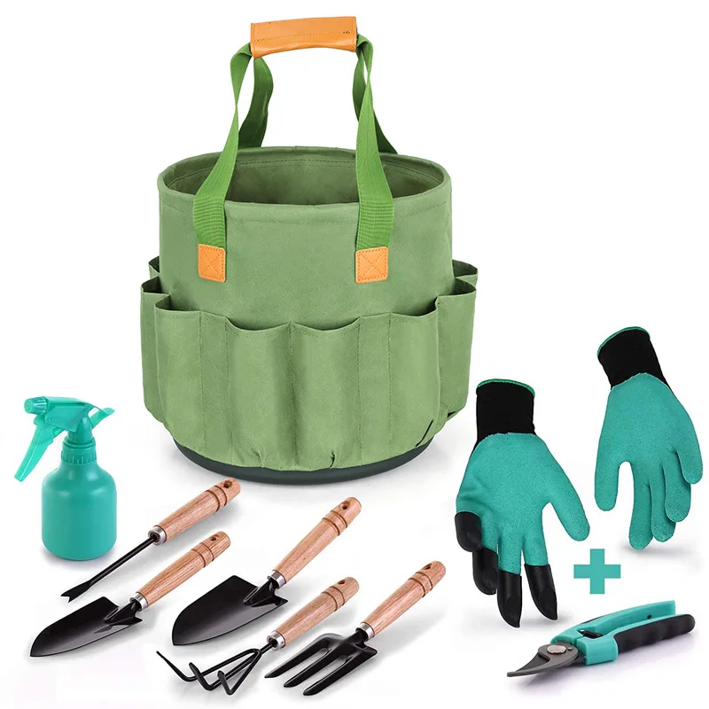 Stainless Steel Gardening Tools with Wood Handle, Including Garden Tote, Gloves, Trowel, Hand Weeder, Cultivator and More