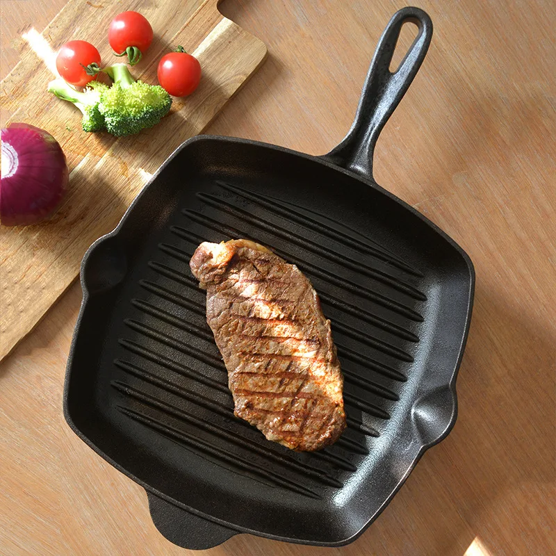 Cast Iron Non-stick Square Grill Pan with Helper Handle Stripe Thickened Steak Skillet for Camping Outdoor