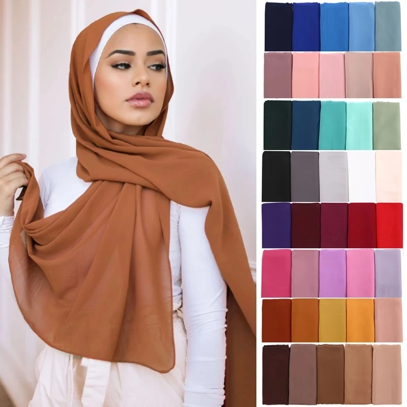 Wholesale High Quality Solid Plain Women Wrap Islamic Shawls Headband Muslim Hijabs Headscarf  Thick Heavy Chiffon Hijab Scarf