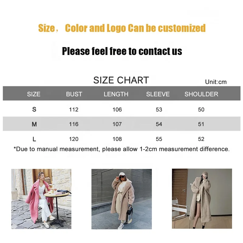 Fashion Design Pink Teddy Fur Coat Women Real Lamb Wool Coat Long Wool Teddy Coat