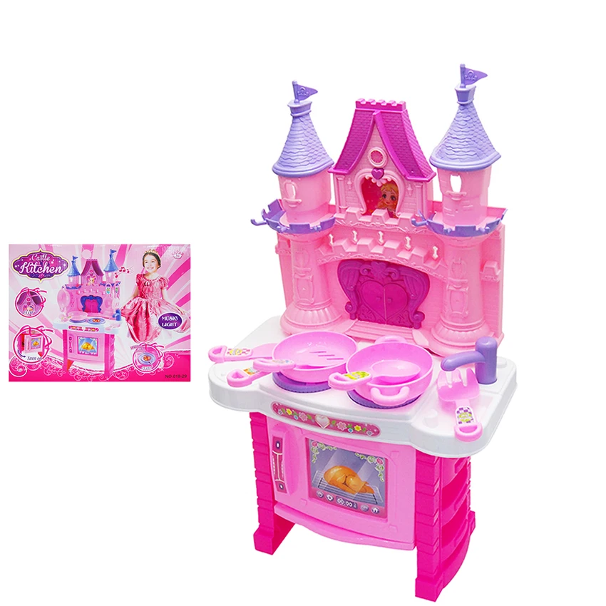 New Arrival Fancy Preschool Plastic Pink Castle Cooking Set Interactive Toy Baby Food Toys Kitchen Girls Pretend Play Music Toys