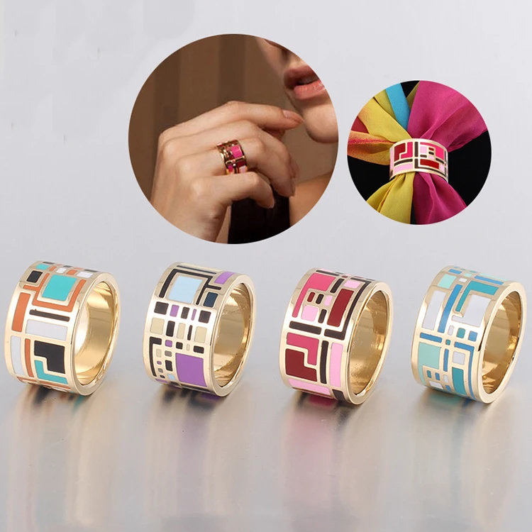 
Latest design Woman Gothic Style Custom Wide Ring Gold Plated Stainless Steel Enamel Ring 
