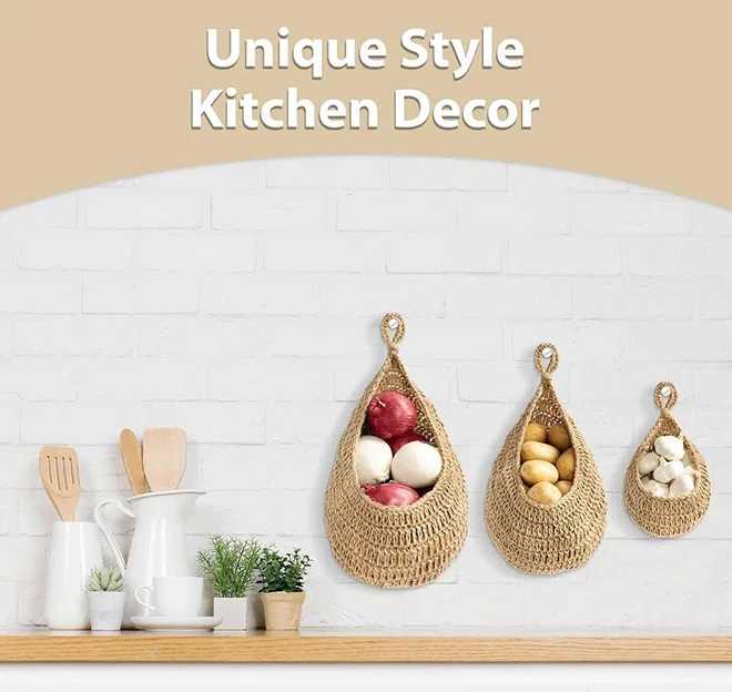 Dropshipping Boho Jute Hanging Basket Wicker Hanging Fruit Basket Handmade Kitchen Pantry Organizer for Fresh Produce Storage
