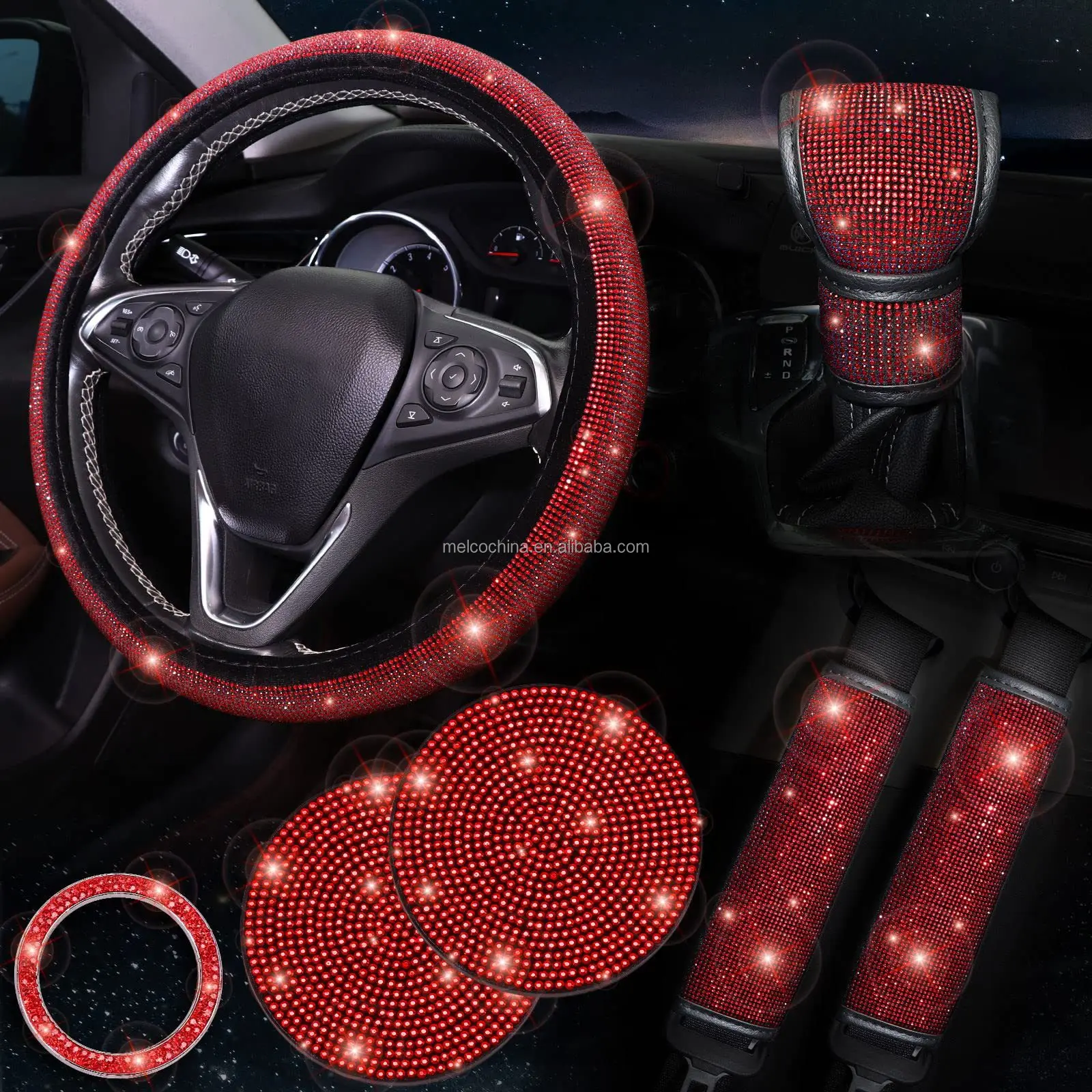 MELCO RED OEM ODM 7 шт. модный набор аксессуаров для красоты автомобиля Bling крышка рулевого колеса