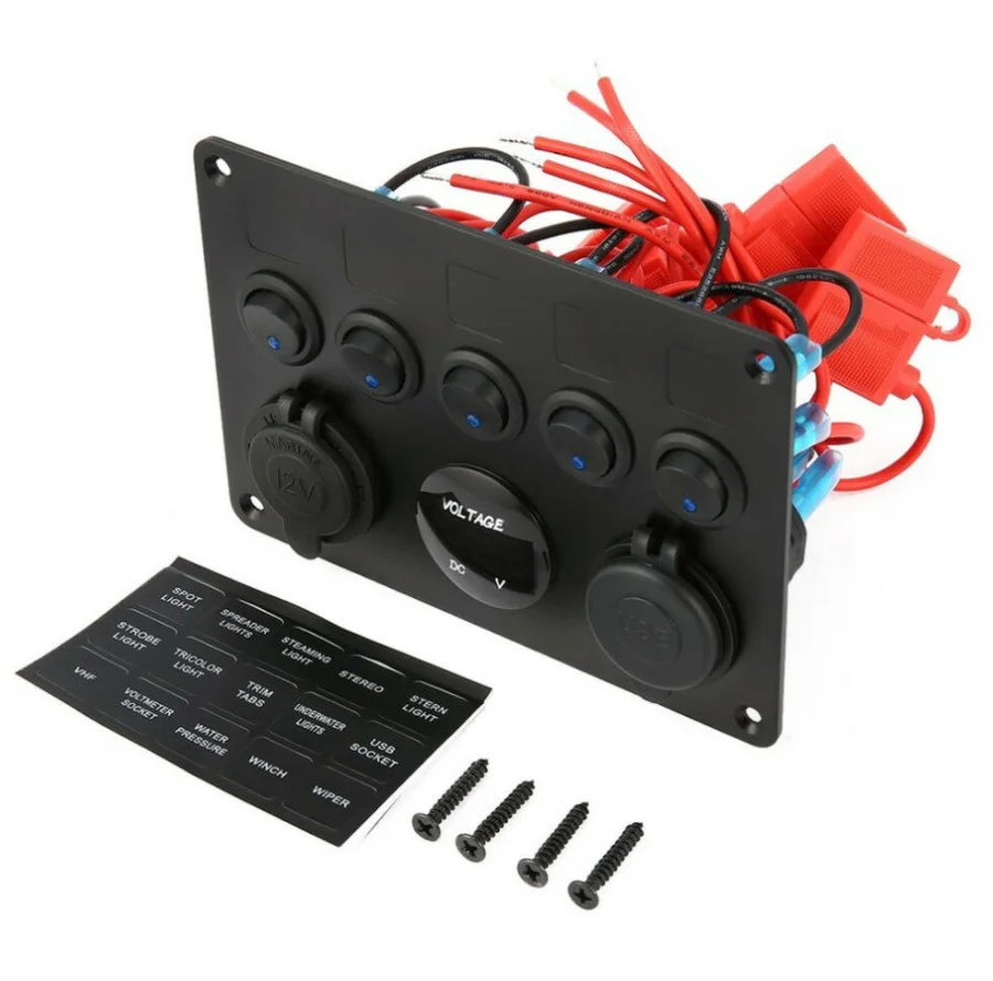
Waterproof DC 12V 24V Aluminum Panel with 5 gang Blue Led Rocker Switch, 4.2A USB and Power Charger for Marine Car Boat 