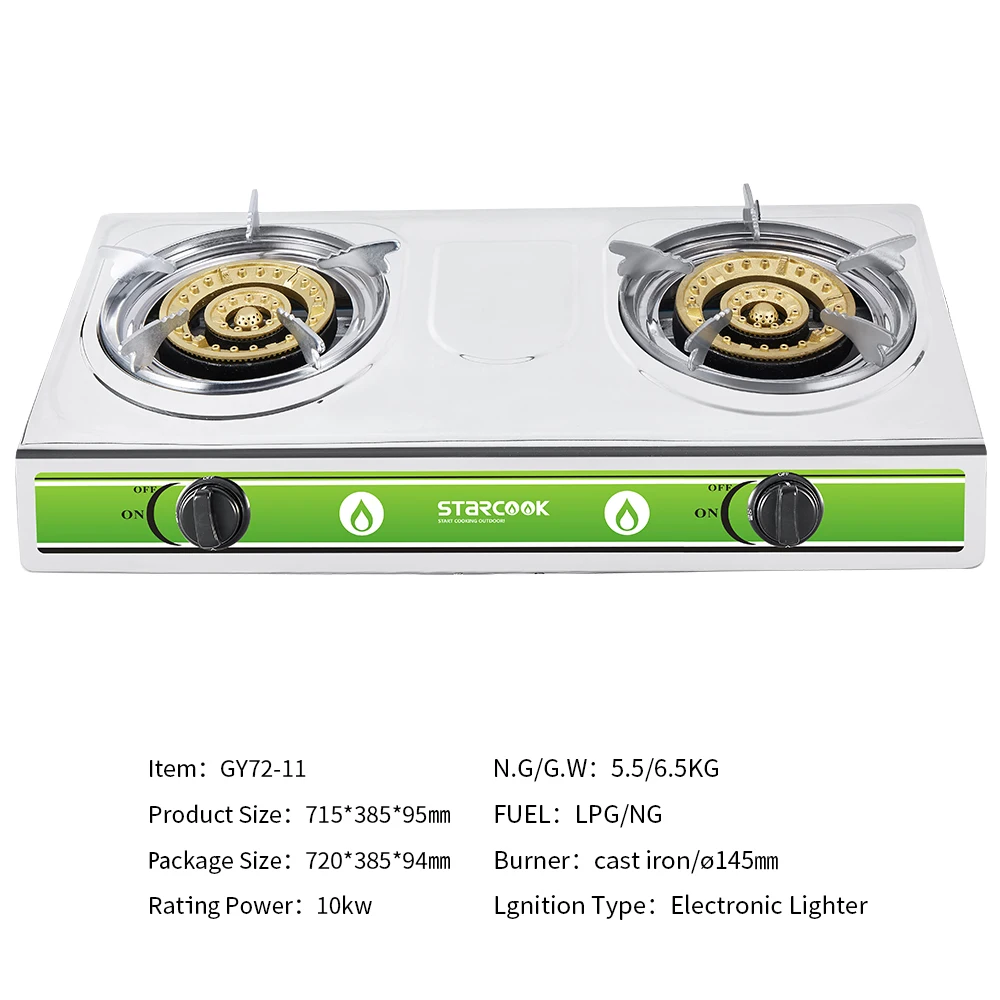 Golden Supplier Gas Cooker Double Burner Indoor Stainless Steel Cooktops With Cast Iron Burner