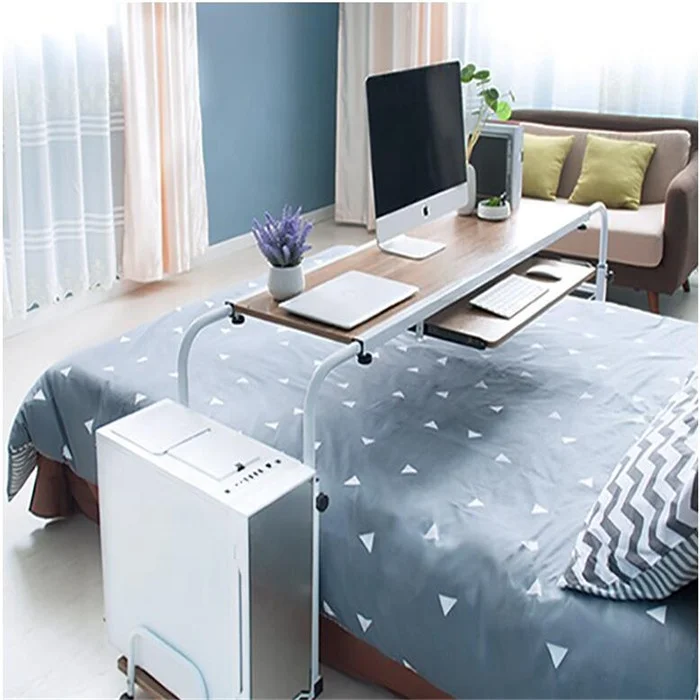 Mobile Overbed Table Long Laptop Cart Computer Desk with Adjustable Width and Height on  Four Wheels