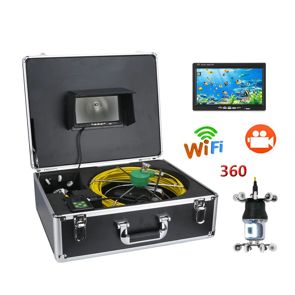 10inch Wifi DVR 30-50M Pipe Inspection Video Camera Drain Sewer Pipeline Industrial Endoscope 360 Degree Rotating Camera 38 LEDs