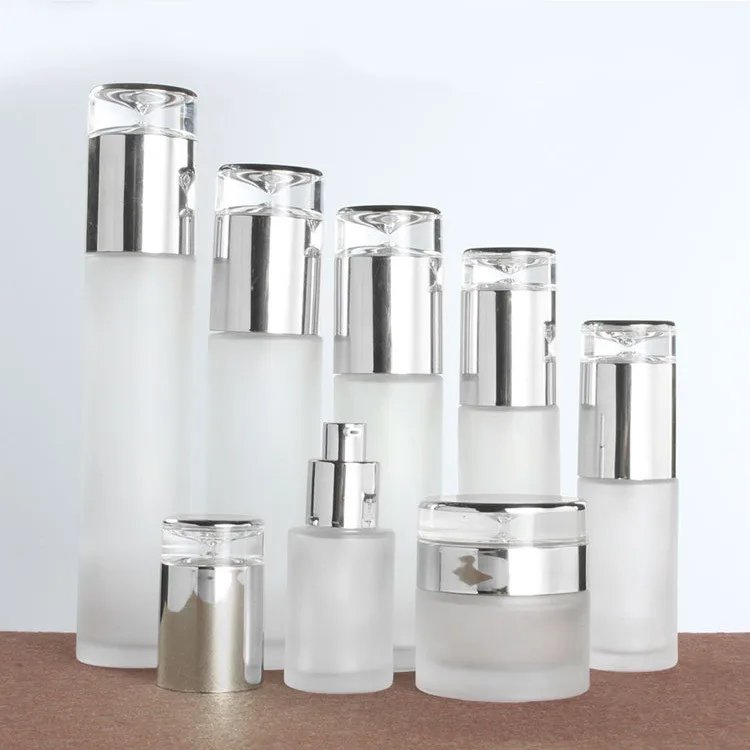New Design cosmetic glass bottle set 20ml-120ml spray serum pump frosted bottle set 30g 50g cream jar full set