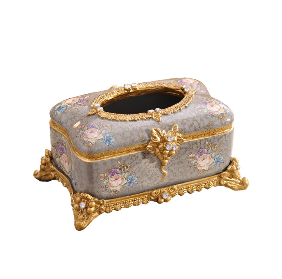 High Quality Multi-functional Desktop Golden Line Rhinestone Resin Container Tissue Box