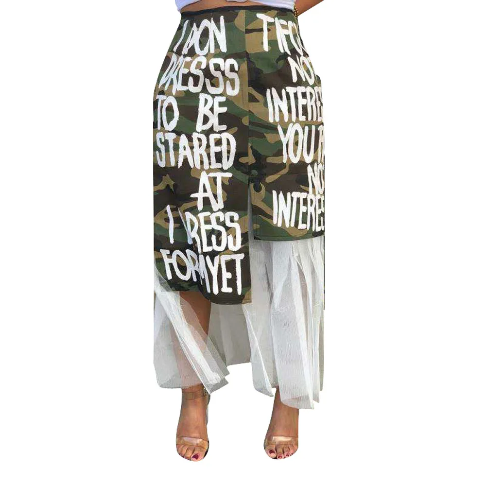 2021 Summer New Design Women Fashion Print Camouflage Mesh Stitching Leisure Skirt