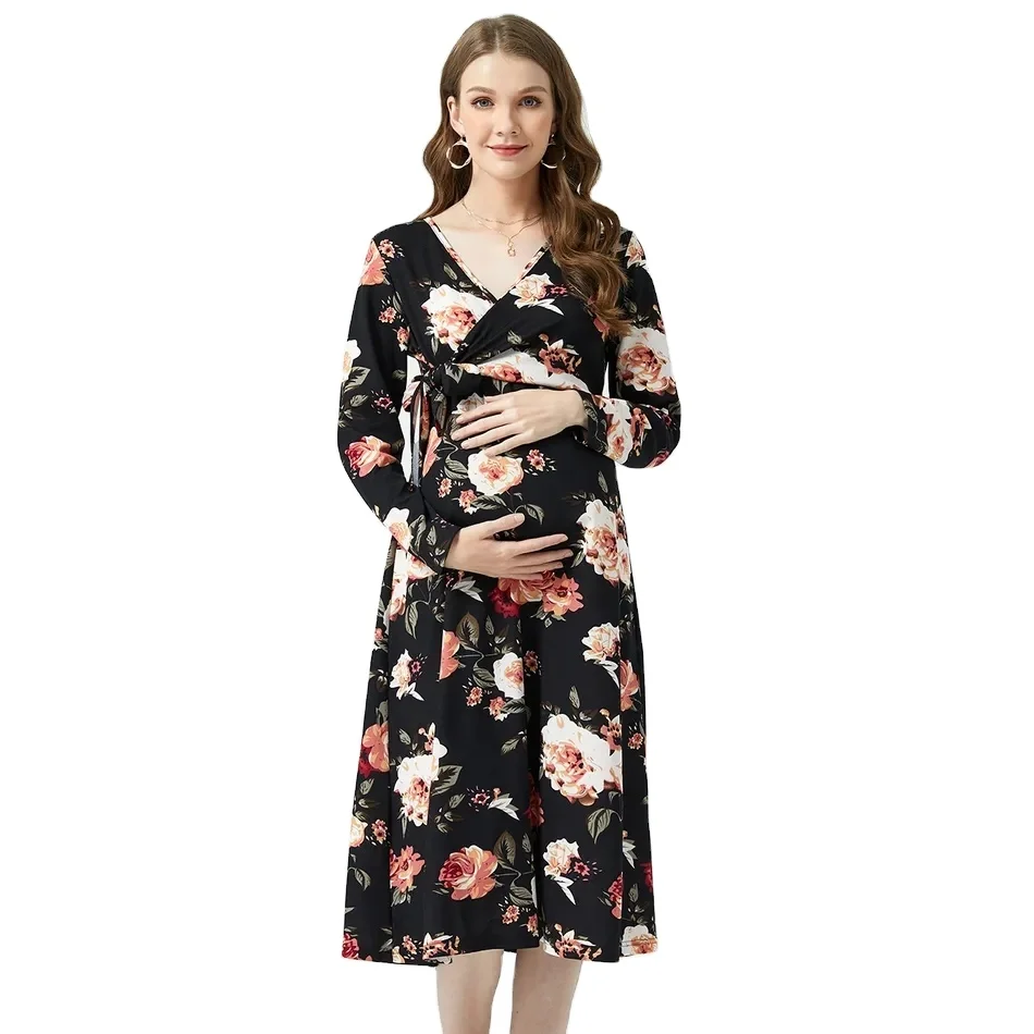 Nursing Allover Floral Print V Neck Long-sleeve Dress maternity dresses