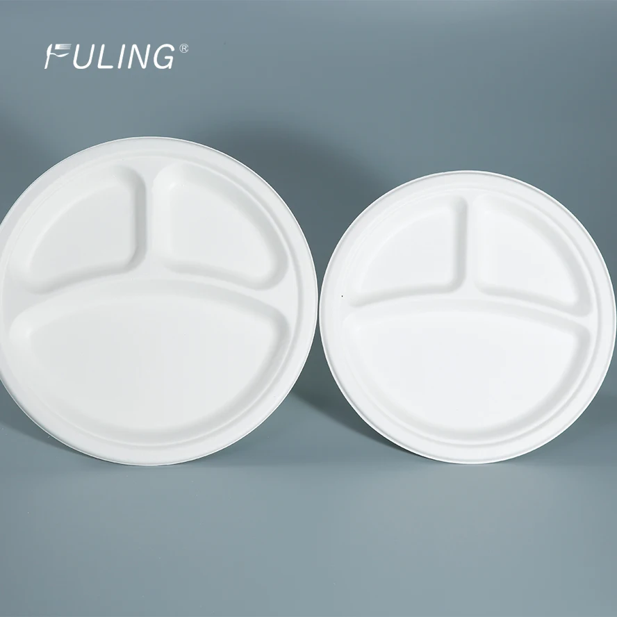 FULING custom printed PFAS free 9 inch 10 inch 3 compartment biodegradable sugarcane disposable plate