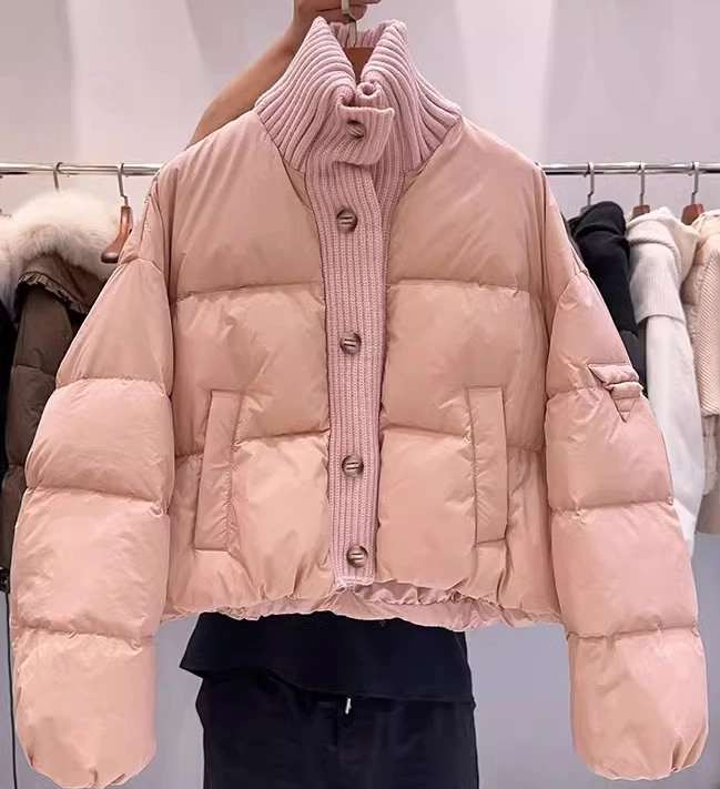 winter duck down jackets for women  short  style jackets with knitted collar and front placket