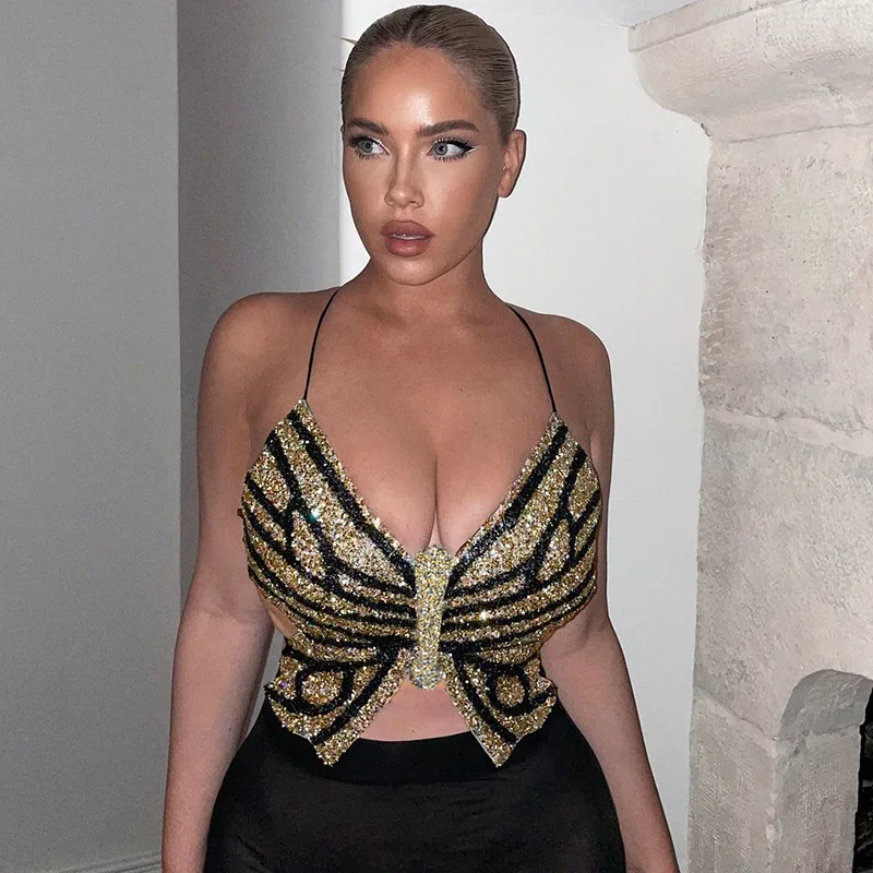 T5063 Amazon Top Sellers Custom Hot Fix Rhinestone Halter Backless Cami Tanks Butterfly Top Camisole Y2K Clothing