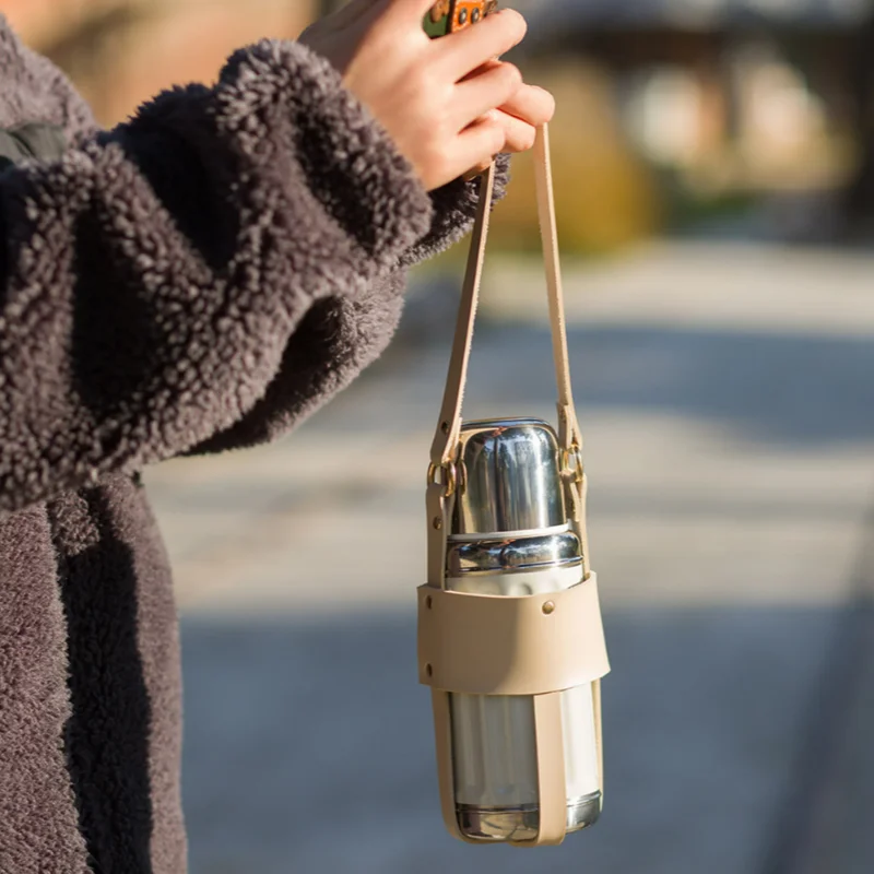 Retro Japanese Style PU Leather Cup Sleeve Portable Water Bottle Holder 500ML Cup Holder for Thermos