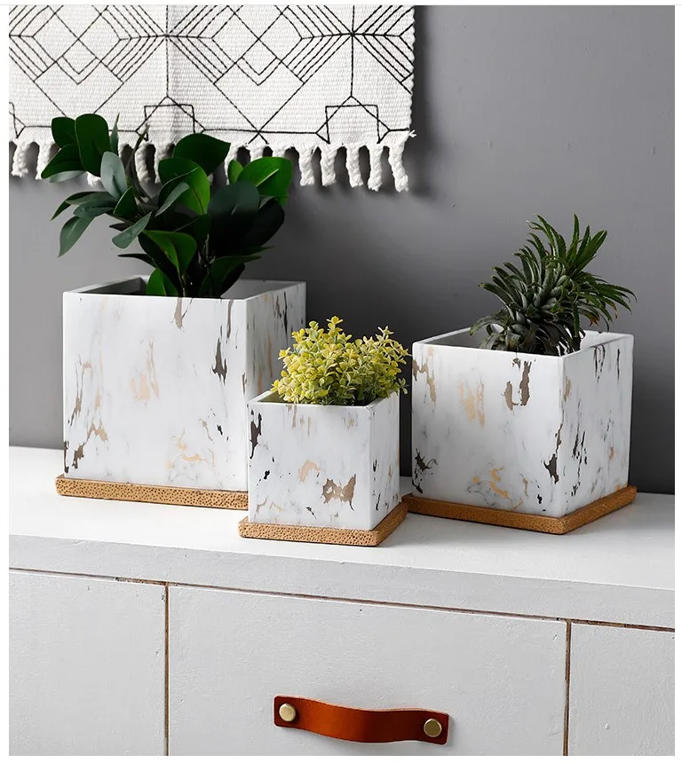 Wholesale Gold And White Marble Effect Cement Square Flower Pot