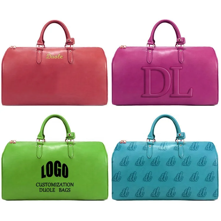 Custom Printed Logo Blue Large Vegan Leather Crossbody Duffle Bags Unisex Weekender Luggage Travel Bags