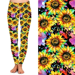 OS TC 92% Polyester 8% Spandex Brown Sunflower Flowers Buds Leaf High Waist Elastic Waist Sunflower Flower Print Leggings