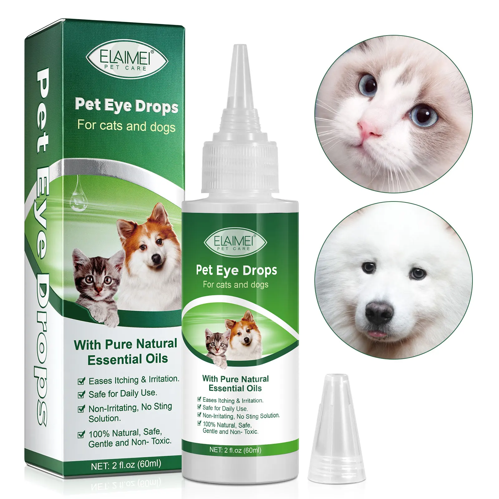 ELAIMEI Private Label Natural Gentle Eases Itching Irritation Antiseptic Pet Cat Eye Wash Drops Tear Stain Remover for Dogs