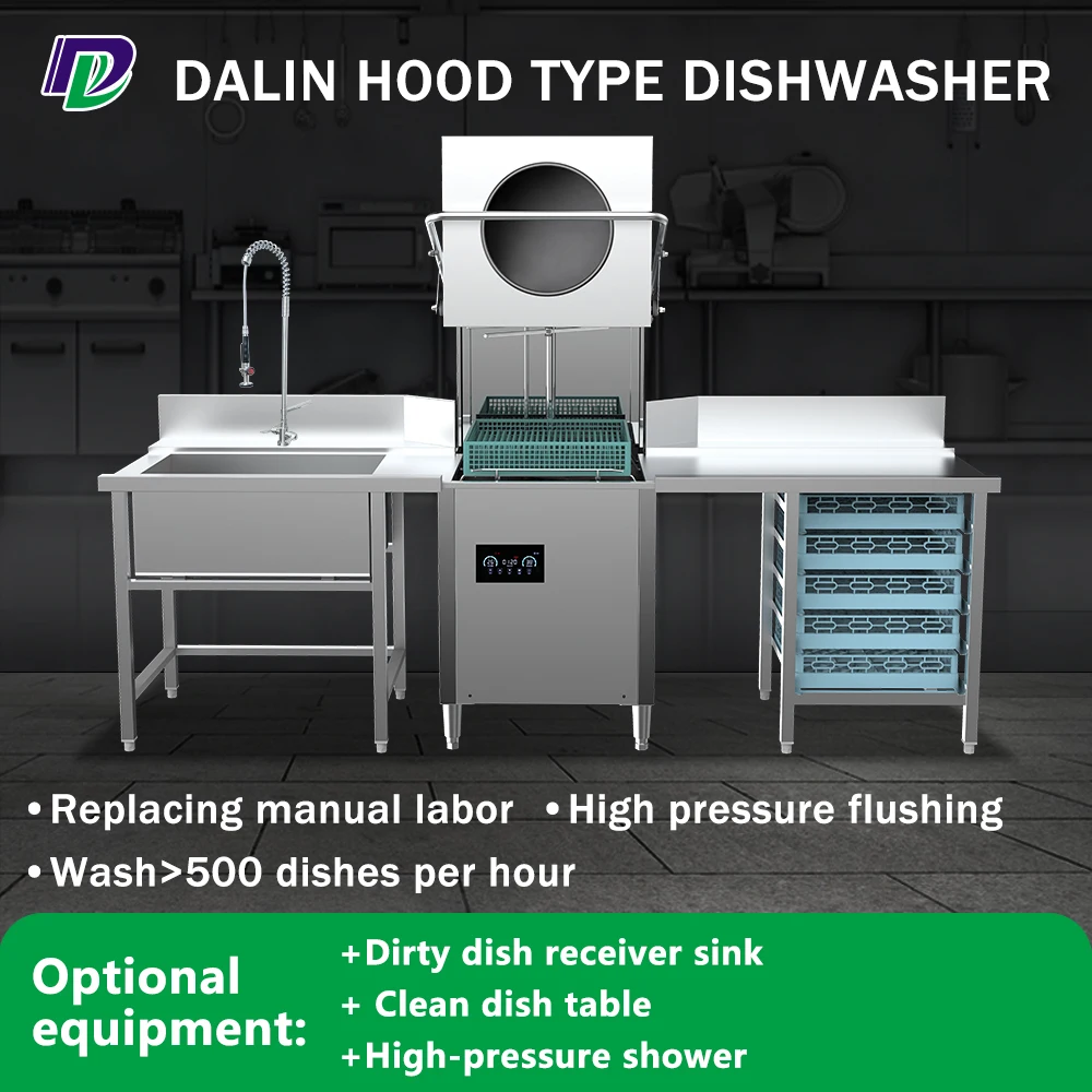 Commercial Restaurant Hotel Dishwasher Machine Smart Hood Type Freestanding Automatic Stainless Steel Housing