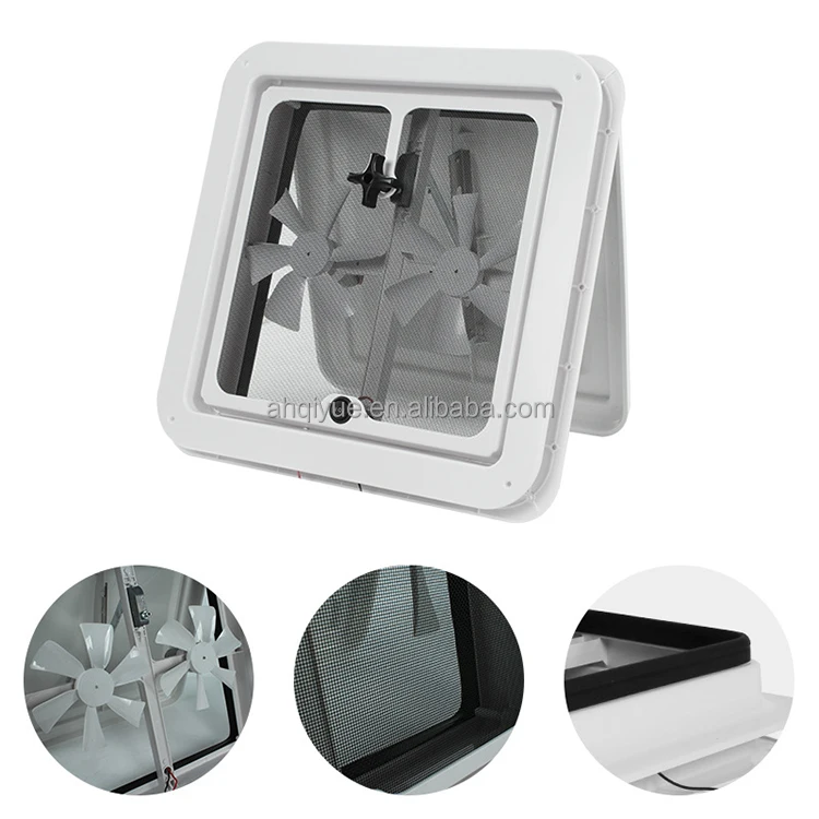 12V RV Trailer Roof Fan Vent ABS Manual Roof Hatch with Two Exhaust Fan 350x350mm