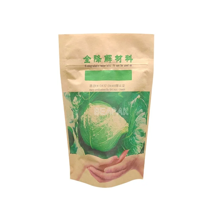 
Biodegradable kraft paper/mylar transparent heat seal resealable stand up pouches 