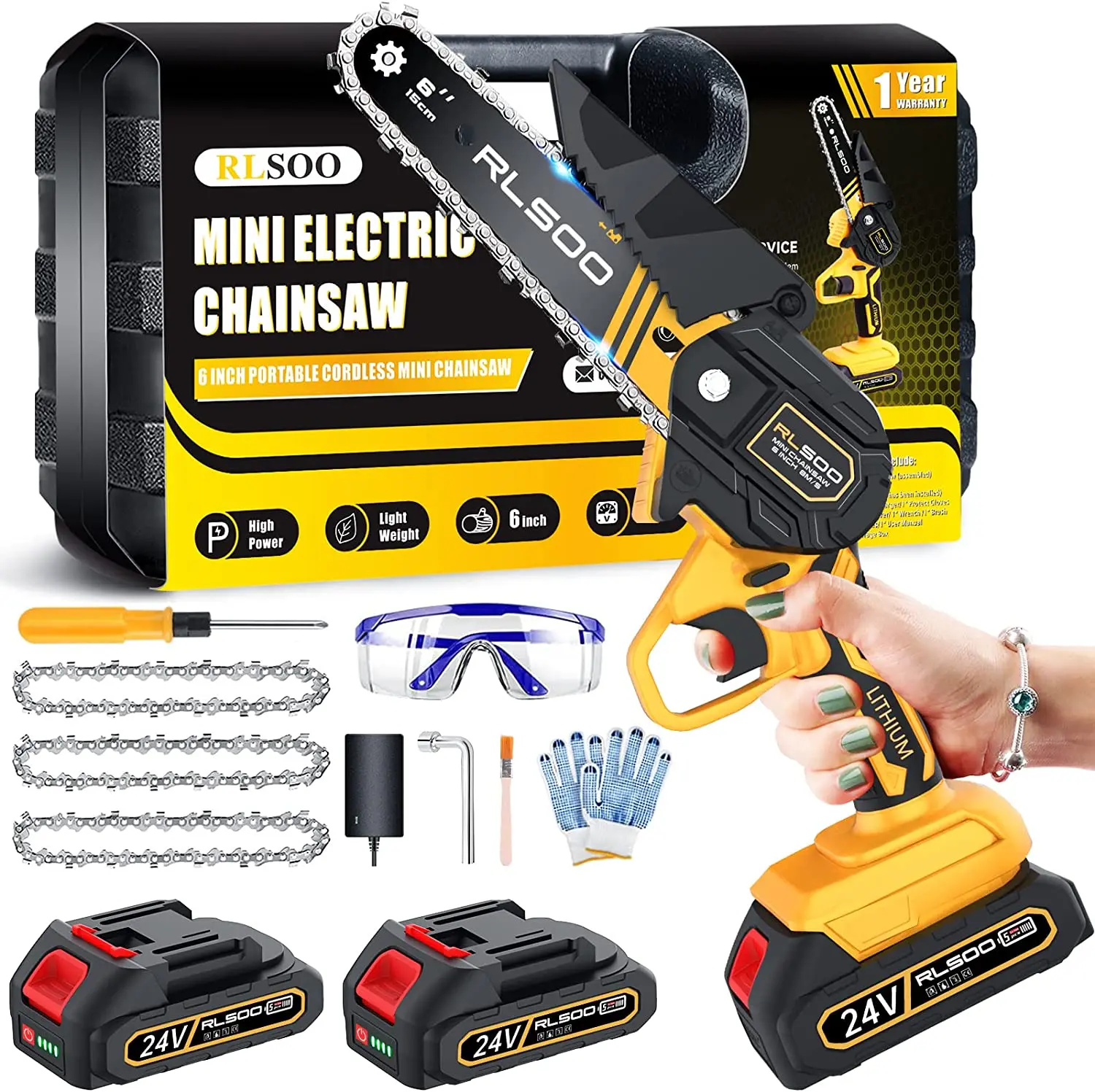 Mini Cordless Chainsaw One-Hand Handheld Electric Portable 21V Rechargeable Battery Operated, for Tree Trimming