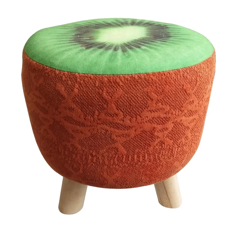 Customized comfortable linen printed chair stool with four wooden legs for living room