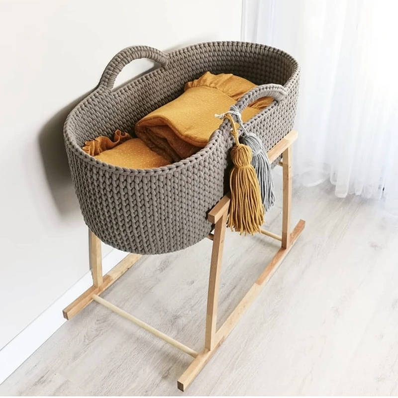 Nuohui Foldable crochet baby changing basket Handle for Newborn Nursery Moses Baskets Diaper Changing With Mattress