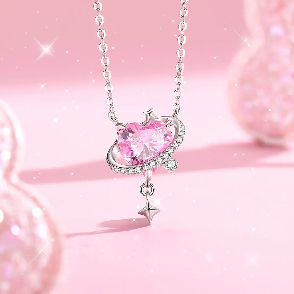 VANA New Design Heart Pink Zircon 925 Sterling Silver Rhodium Plated Girl Pendants Chain Necklace Fashion Jewelry Accessories