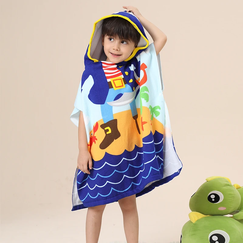 Wearable Pirate Printed Summer Children Poncho Microfiber Custom Hooded Kids Beach Towels