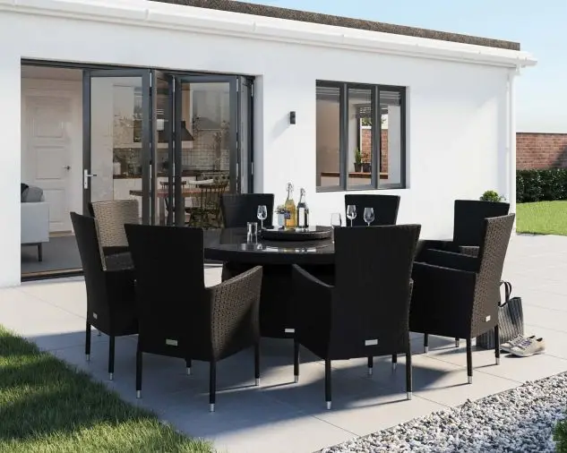 Cambridge 8 Rattan Garden Chairs and Large Round Round Dining Table Set in black
