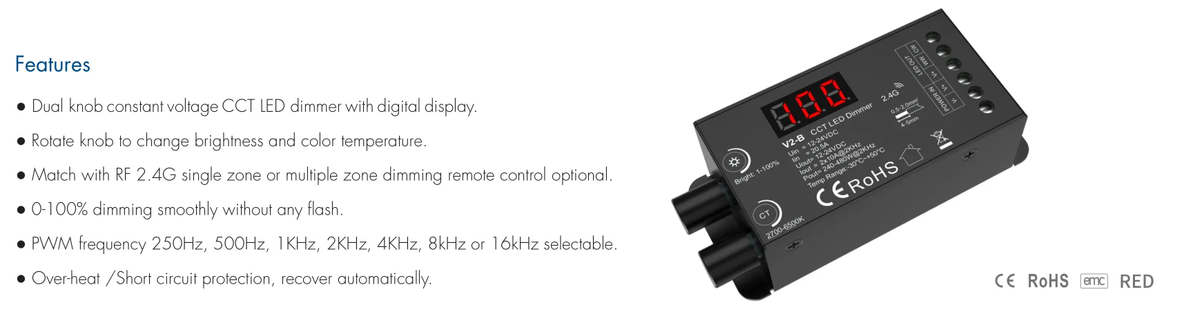 V2-B Skydance 2CH * 10A 12-24VDC CV беспроводная ручка диммера постоянного напряжения 2-канальный приемник для WW + CW Светодиодная лента контроллер