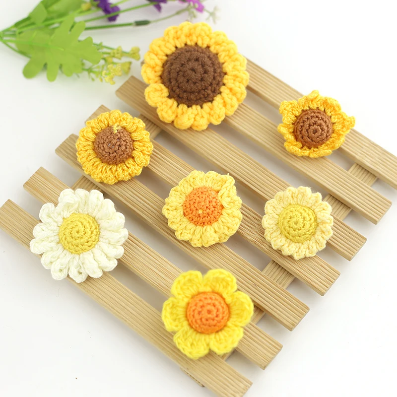 yellow crochet sunflower 3D crochet flower handmade sew on flower DIY clothing hairband  bag accessories