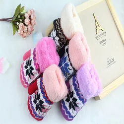 Детские теплые меховые перчатки без пальцев, зимние детские двухслойные жаккардовые вязаные варежки