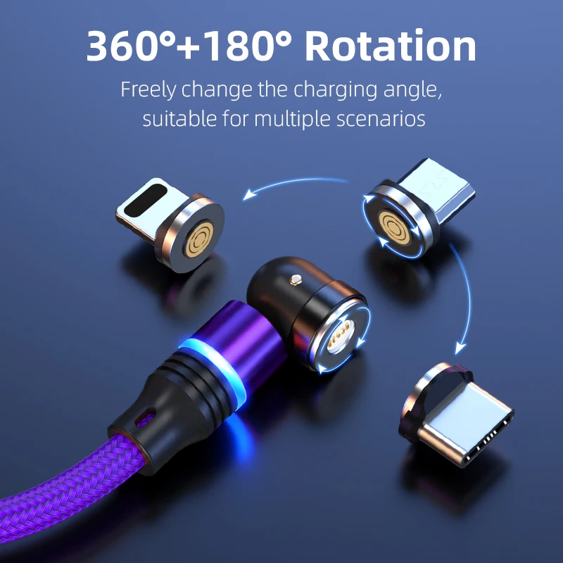 Magnetic 3 in 1 charging cable 540 degree rotate type c fast charging magnetic usb cable magnetic charger cable
